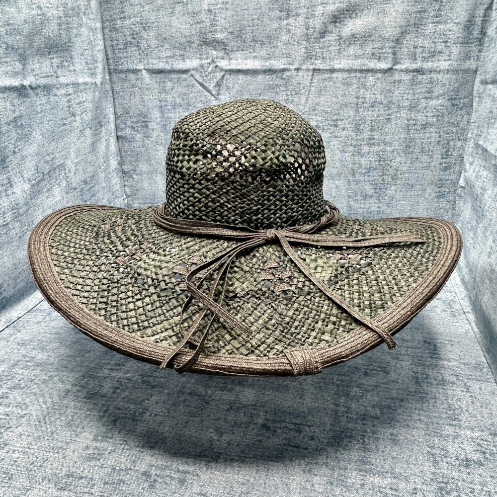 Preston & York Premiere Italy Wide Brim Open Weave Straw Sun Hat Black Green NWT